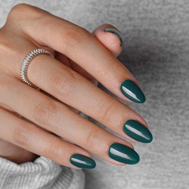 KQueenest Dark Green Press on Nails Short Oval, Short False Nails with Glue, Opaque Solid Emerald Green Fake Nails Press ons, Reusable Soft Gel Stick on Nail for Women Finger Decoration, 24 Pcs