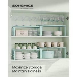 SONGMICS Cabinet Organizer Shelf, Set of 2 Kitchen Counter Shelves, Kitchen Storage, Spice Rack, Stackable, Expandable, Metal and Engineered Wood, Moonlight Green UKCS200C01