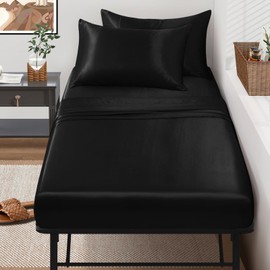 SiinvdaBZX 4-Piece Cot Sheet Set 31" x 75", Black Satin Cot Size Sheets Silky Soft Rv Bunk Bed Sheets for Narrow Twin/Camp Bunk/Guest Beds/Army Cots/Trifold Mattress