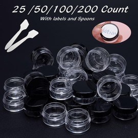 100 unidades de contenedores de muestra de 5 gramos, contenedores transparentes para bálsamo labial con tapas, pequeños frascos de muestra de plástico con 8 cucharitas mini, etiquetas de 100 piezas