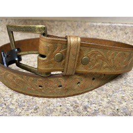 Enmon Unisex Genuine Leather Embossed Belt Brown with Gold Tint Size Small 31”
