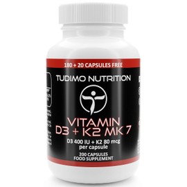 ★ Tudimo Vitamin D3 + K2 MK7 ★ 400 IU/MCG – 200 Piece (6 + Months Supply) Fast Resolution Capsules with High-Quality Vitamin K2 as a Menaq Uinon and Vitamin D3 Cholecalciferol Powder