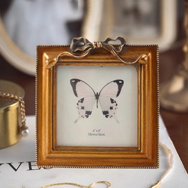 SIKOO Vintage Picture Frames Small Antique Bow 4X4 Picture Frame Square Antique Wall Decor Gallery Tabletop and Wall Mount Bronze Gold