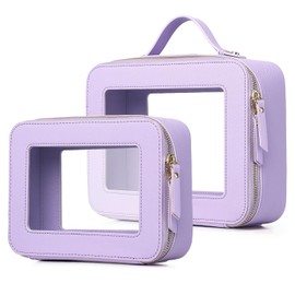 Pinkmik Clear Makeup Bag for Women Waterproof Travel Cosmetics and Toiletries Case Portable Makeup Oaganizer Bag Clear Car Bag with Zipper (X/Purple, M+L)