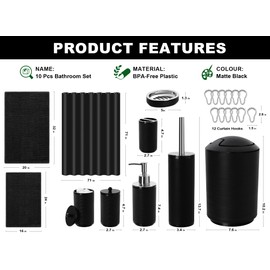 KASUNTING Black Bathroom Accessories Sets with Shower Curtain and Rugs, 22 Pcs Bath Accessory Set Complete with Trash Can, Plastic Ribbed Soap Dispenser and Toothbrush Holder Set Toilet Brush Holder