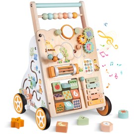 Wooden Baby Walker with Wheels, Push Walker with Baby Activity Center, Montessori Walking Toy for Girls Boys, Adjustable Speed & Height Activity Toy for Toddler Learning to Walk 12+ Months (Natural)