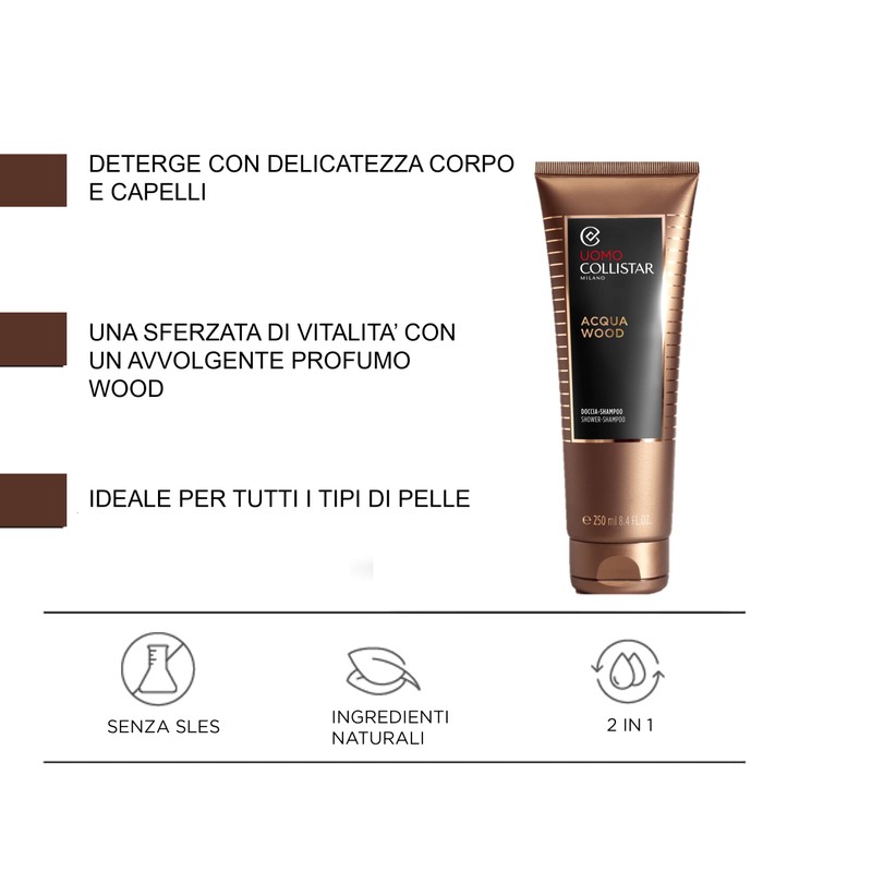 Collistar Acqua Wood Shower Gel Shampoo for Men, Cleanses Body