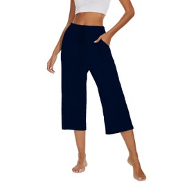 Kabento 2 Pack Womens Pajama Pants Capri Sleep Lounge Pants Drawstring Pj Bottoms with Pockets, Black & Navy Blue, Medium