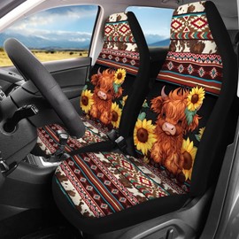 Bulopur Cute Highland Cow Car Accessories Set of 4 Pieces,2 Pieces Car Front Seat Covers +2pc Split Bench Cover Back Seat Protector Full Set for Women Men Gifts,Universal fit