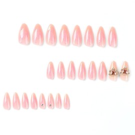 BAOYAALIN Almond Shaped Press on Nails Medium Fake Nails with 3D Pink Heart Charms Design Full Cover False Acrylic Glue Stick on Nail for Women Girls 24Pcs