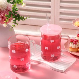 Skylety 2 Pcs Coquette Bow Glass Cups with Handle 3D Diamond Pink Bow Cup with Lid and Straw 17 oz Coquette Aesthetic Iced Coffee Drinking Tumbler for Women Girls Sister Friend Party Favor Gift