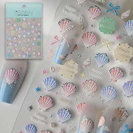 CESTSIREN Shell Beach Nail Stickers, Embossed Nail Decals, Self-Adhesive,Summer Vacation Nail Accessories & Supplies, Durable & Long-Lasting
