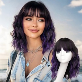 Nnzes Short Wavy Bob Wig with Bangs for Women Shoulder Length Curly Dark Brown with Purple Synthetic Heat-Resistant Fiber Hair for Daily & Party Use