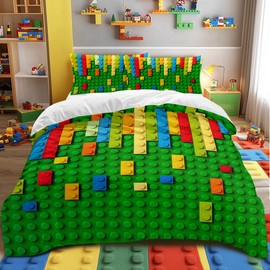 BlessLiving Boys Double Size Bedding Set Kids Toy Pattern Duvet Cover Set Green 3 Piece Colorful Toy Blocks Comforter Cover Set for Teens Kids Boys Girls (Double)