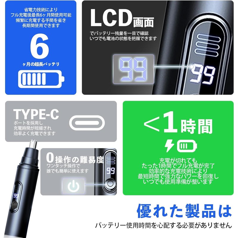 【スマート数显+Type-C急速充電】鼻毛カッター はなげカッター プロ仕様 刃先水洗い可能 メンズ/レディース兼用 携帯型LCD充電表示 はなげカッター