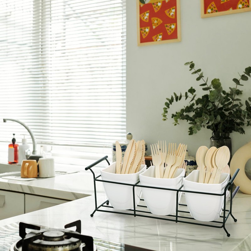 Bekith 3-Piece Ceramic Flatware Caddy with Metal Rack, Utensil Holder