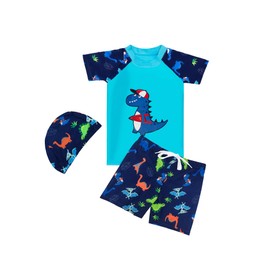 PAEHUIMT Swimming Trunks Boys and UV Shirt Children, Swimming Shorts, Swimming Shirt, UV Protective Clothing, Set of 3, Dinosaur, lightblue