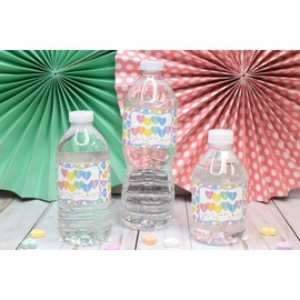 Cute Pastel Candy Hearts February Birthday Valentine Waterproof Water Bottle Sticker Wrappers, 20 1.75" x 8.5" Wrap Around Labels by AmandaCreation