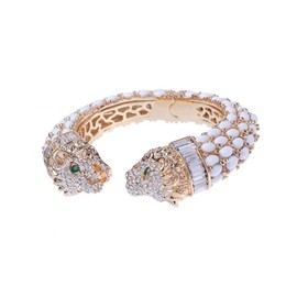 Trillion London Two-Headed Lion Crystal Embellished Cheetah Cuff Bracelets Bangles | Stylish Party & Wedding Accessories for Women | Gold Plated with Sparkling Crystals(Gold & White)
