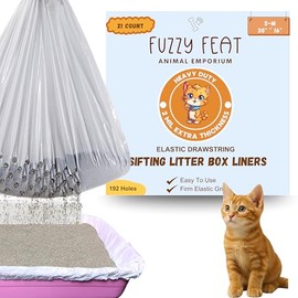 Fuzzy Feat Sifting Cat Litter Box Liners with elastic drawstring. Tear-resistant, waterproof cat litter bags, fits small to medium boxes (30" × 16", 2 Mil Extra thick)
