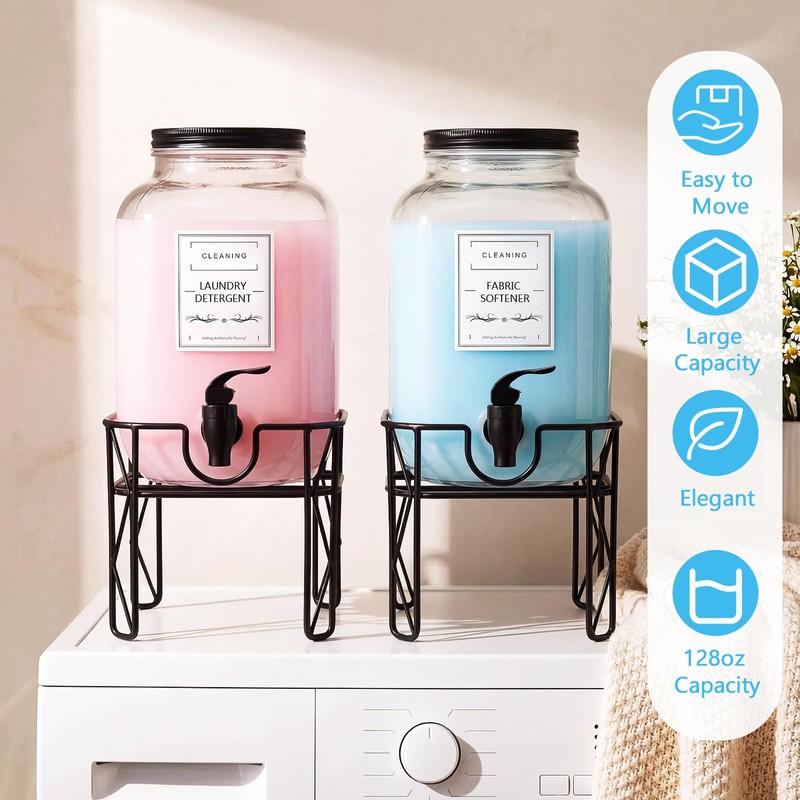 FillTouch 2 Pack 1 Gallon/128 oz Glass Laundry Detergent Dispenser,