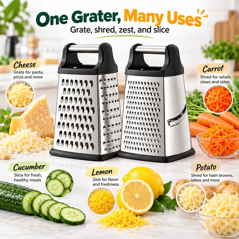 4-Sided Stainless Steel Box Grater for Vegetable Prep – Multi-Surface