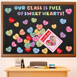 Whaline 69Pcs Valentine's Day Bulletin Board Decor Conversation Heart Paper Cutouts with 200Pcs Glue Points for Party Home Classroom Wall Decor