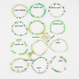 Twinfree St. Patrick's Day Bracelet for Women Clay Bead Bracelet Heishi Surfer Bracelets Set Lucky Shamrock Stackable Stretch Bracelets, Set of 12