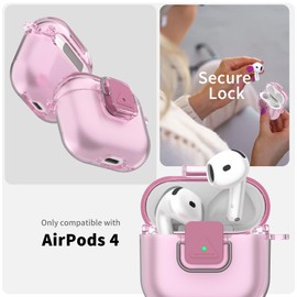 Case for Airpods 4th Generation, Transparent Shockproof TPU Case with Carabiner, with Cleaning Kit, Safety Lock Design (Transparent Pink)