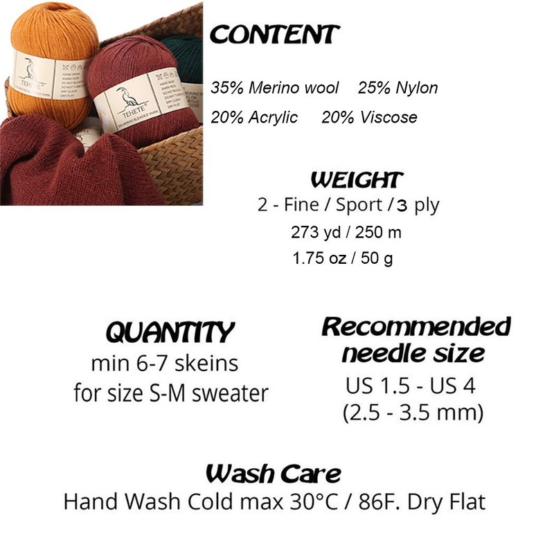 TEHETE Merino Wool Yarn for Knitting 3-Ply Soft Crochet Yarn