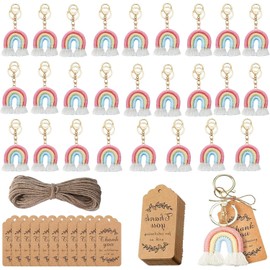 Juego de 52 Llaveros Bohemios, 26 Llavero de Borla de Arco Iris, Llaveros de Macramé con Borlasde Arcoíris, Etiqueta de Agradecimiento para Cumpleaños Bodas Fiestas (Rosa)