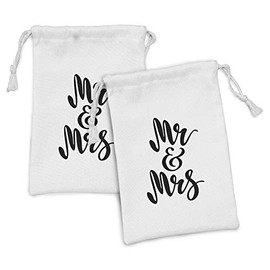 Ambesonne Mr Mrs Fabric Pouch Set of 2, Hand Drawn Brush Pen Lettering Design Curved and Swirled Lines Monochrome Words, Small Drawstring Bag for Toiletries Masks and Favors, 9" x 6", Black White