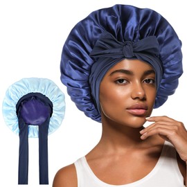 Satin Sleep Bonnets for Women, Reversible Silk Bonnet for Sleeping Double Layer Satin Night Sleep Cap Hair Bonnet with Tie Band for Curly Hair Braid (Blue+Light Blue)