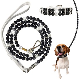 Small Dog Pearl Collar and Leash Set, Black and White Crystal Rhinestone Imitation Pearl Dog and Cat Collar with Leash,Cute Dog Collar and Leash Set ，Suitable for S Dogs' Weddings and Birthday Parties