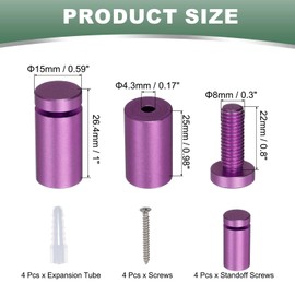 uxcell 4 Pcs 0.6" x 1"Standoff Screws Aluminum Alloy Wall Mount Sign Mounting Hardware Kit with 4pcs Screws for Hanging Acrylic Glass Signs, Purple