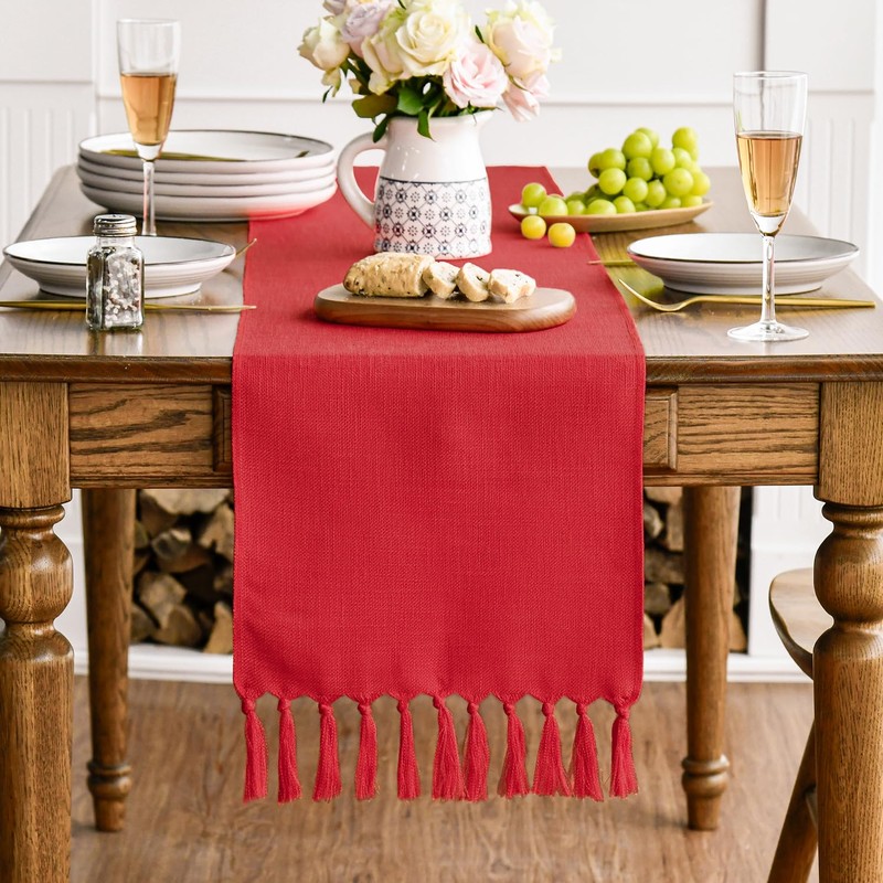 Artoid Mode Red Boho Rural Rustic Farmhouse Tassel Table Runner,