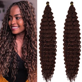 UPruyo Deep Ocean Wave Crochet Hair Boho Braids Chocolate Brown Boho Curly Braiding Hair 24 Inch 2 Packs Havana Curls Wavy Braiding Hair Pre Stretched Brown Synthetic Crochet Braids Hair Extensions