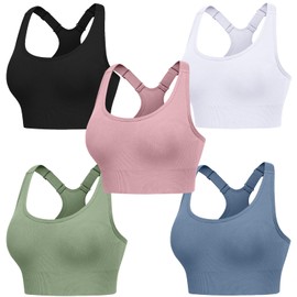 HANERDUN Sports Bra Strong Hold Women's Adjustable Straps Yoga Bra with Padded Seamless Without Underwire Wide Straps Racerback for Fitness Running Jogging, 5pcs-(Black+White+Grey Blue+Green+Pink)