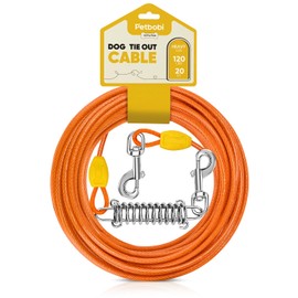 Petbobi Dog Tie-Out Cable 20ft - Heavy-Duty 4mm Metal Cable up to 120lbs, Shock Spring & 360° Swivel Clips, for Yard Camping, Small Medium Large Pets, Orange