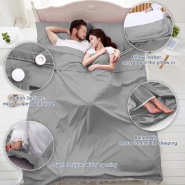 nsihing 160 x 210 cm Sleeping Bag Liner, Grey Travel Sheet Sleeping Bag Liners, Lightweight Portable Camping Inner Sheet Pillow Pocket for Adults, Hotels, Business Trip (Grey)