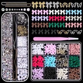 2 Boxes Nail Bows and Charms, Color Bow Bowknots Nail Art Charms Silver Gold Butterfly Bow Tie Charms for Nails, Half Nail Pearls and Mix Sizes Nail Gems Rhinestones DIY Nail Art Supplies