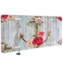 Lefolen Front License Plate Nautical Anchor Rose Floral,Rustic Wooden Marine Anchor Peony Flower Leaf Auto Car Tag Vanity Plates Aluminum Novelty Metal Plate for Men Woman 6" X 12"