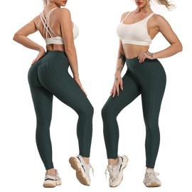 FITTOO Women's Honeycomb Anti Cellulite Leggings Booty Scrunch High Waist Push Up Boom Booty Sports Leggings Stretch Gym Yoga Pants, #1 Peacock Green