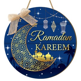 Anglechic Eid Mubarak Ramadan Kareem Door Sign Ramadan Wooden Hanging Decorations, Round Eid Mubarak Wooden Hanging Sign Wreath Moon Decorations, Ramadan Mubarak Muslim Wall Window Decorations