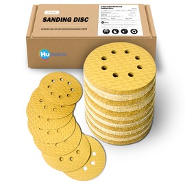 GEOGIEEW 130Pcs 5 Inch 8-Hole Hook&Loop Sanding Discs, 180 Grit Diamond Yellow Sand, Dust-Free/Wear-Resistant, Latex Paper Base (No Fray), 135G Backing for Wood/Metal/Auto, DIY & Pros