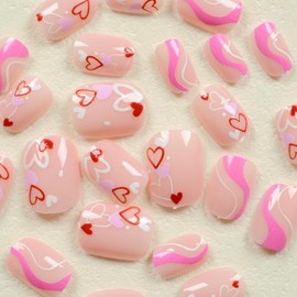 Short Press on Nails Square Fake Nails Cute False Nails with Pink Heart Design Glue on Nails Glossy Full Cover Stick on Nails Nude Acrylic Nails for Women Manicure 24Pcs
