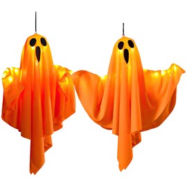 SQEEQE 2PCS Decoraciones de Fantasmas de Halloween,LED Cálida Fantasmas Colgantes Iluminados de Halloween,Luces Fantasma de Halloween para Porches, Patios, Jardines y Césped(Naranja)