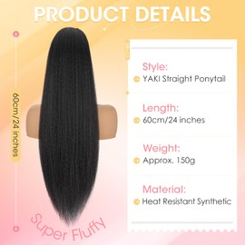 Silk-co Yaki Wavy Ponytail 60 cm, Synthetic Wavy Hair Extension with Drawstring, Natural Ponytail Braid Extension Hairpiece for Women, Natural Black