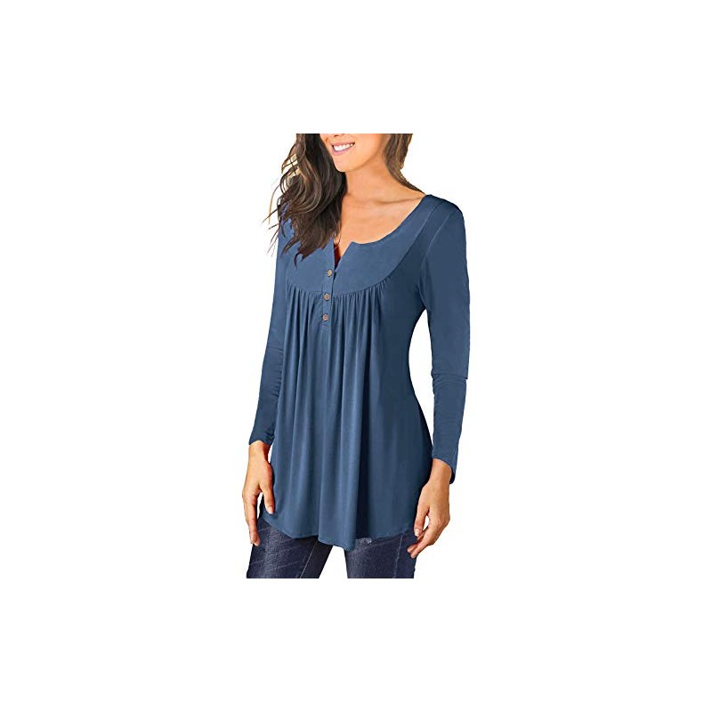 Ranphee Women's V-Neck Button Down Tunic Elegant Tops, L Blue