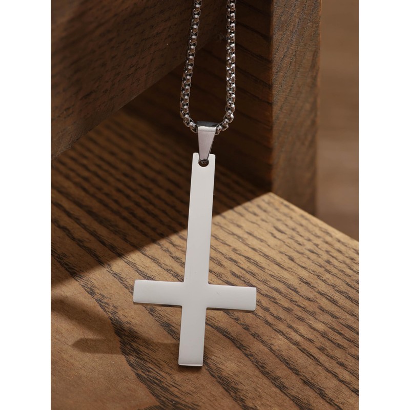 HAQUIL Inverted Cross Necklace for Men, Silver Plated Stainless Steel